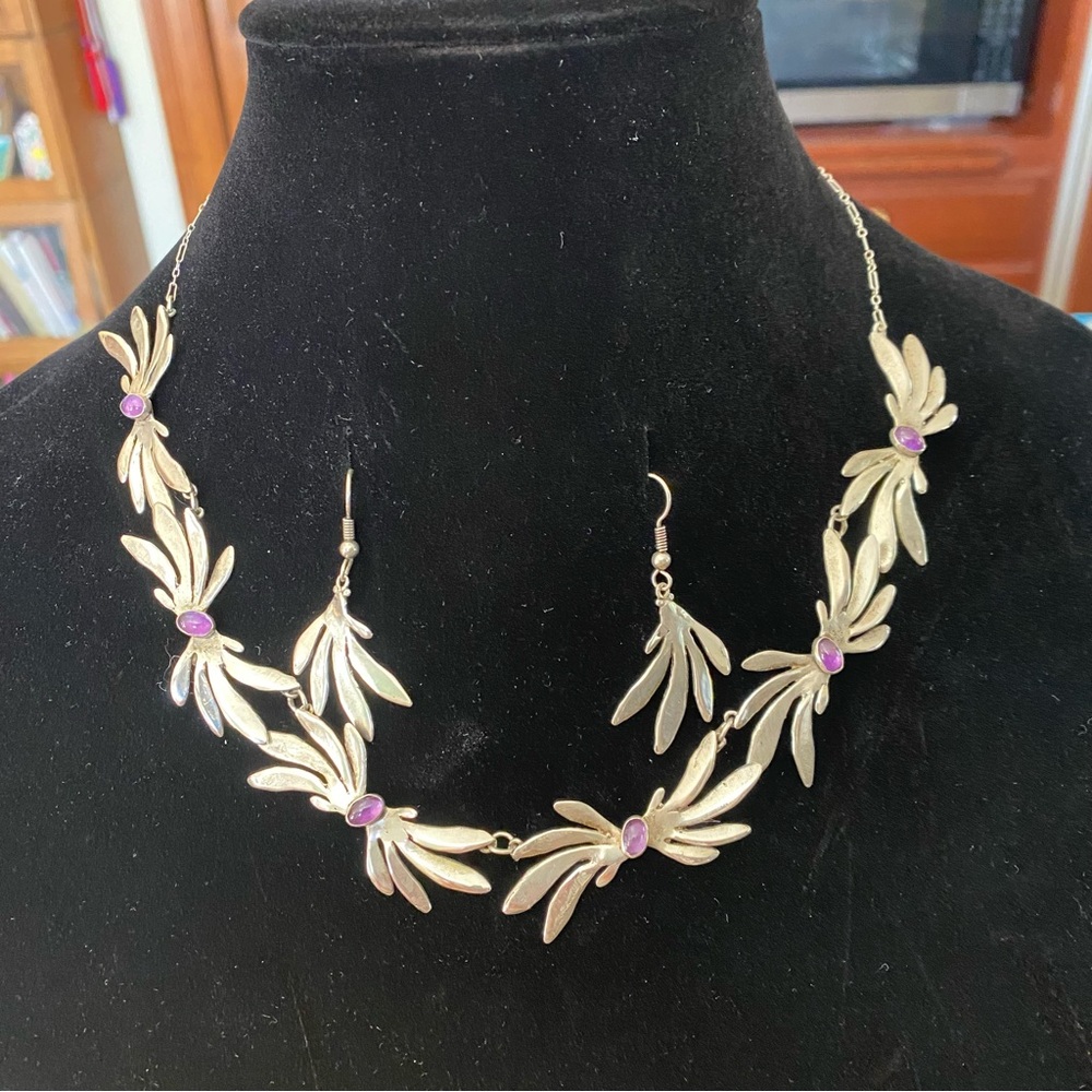 Sterling Silver Necklace & Earring Set with Natural Amethyst Stones - Picture 4 of 12